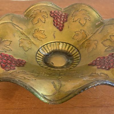 Sale Photo Thumbnail #281: Large Ruffled Goofus Glass Compote with Grape and Leaf Pattern