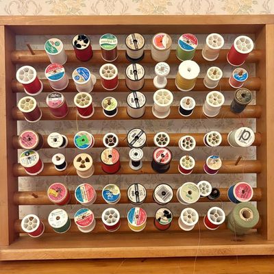 Sale Photo Thumbnail #579: Vintage Wood Thread Rack with Large Assortment of Multi-Purpose and Specialty Sewing Threads