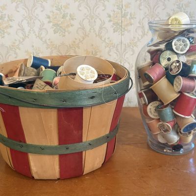 Sale Photo Thumbnail #284: A Large Collection of Vintage Sewing Notions and Thread Spools with Slat Basket and Glass Vase