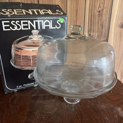 Sale Photo Thumbnail #217: Essentials Clear Glass Two Piece Pedestal Cake Stand with Dome Lid and Original Box