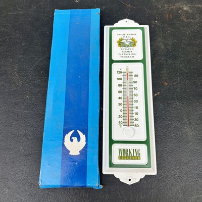 Sale Photo Thumbnail #786: Philip Morris U.S.A. Tobacco Farmer Partnering Program Advertising Tin Thermometer with Box