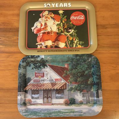Sale Photo Thumbnail #373: Pair Coca-Cola Litho Tin Trays w/ Big Bear 50th Anniversary & Jim Harrison Old Country Store