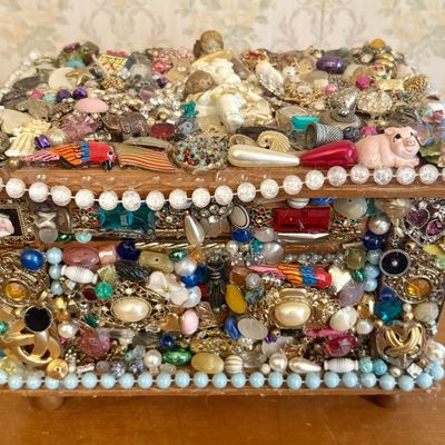 Sale Photo Thumbnail #253: Encrusted Jewelry Collage Memory Chest with Figural Elements