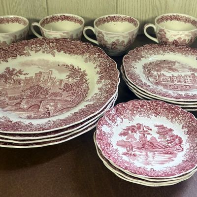 Sale Photo Thumbnail #726: A Set of J. & G. Meakin Romantic England Red Transferware Dinnerware
