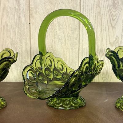 Sale Photo Thumbnail #681: A Trio of Avocado Green Pressed Glass Tableware in Moon and Star Pattern