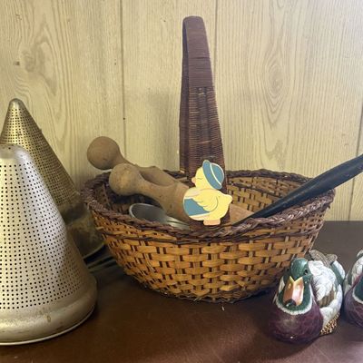 Sale Photo Thumbnail #718: A Collection of Vintage Kitchenware and Carved Wood Mallard Decoys