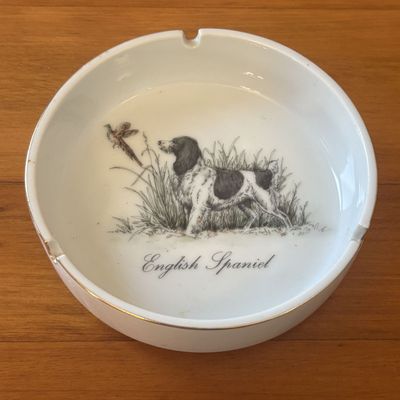Sale Photo Thumbnail #459: Vintage Porcelain English Spaniel Motif Ashtray with Gilt Rim