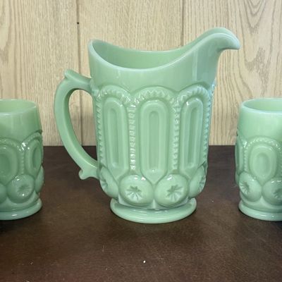 Sale Photo Thumbnail #697: A Set of Westmoreland Jadeite Glass Moon and Star Pattern Drinkware