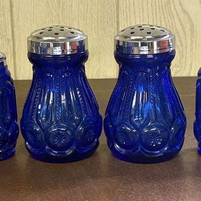 Sale Photo Thumbnail #704: A Collection of Cobalt Blue Pressed Glass Moon and Star Pattern Tableware