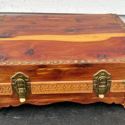 Sale Photo Thumbnail #773: Carved Cedar Domed Storage Chest with Brass Hardware and Velvet Lining