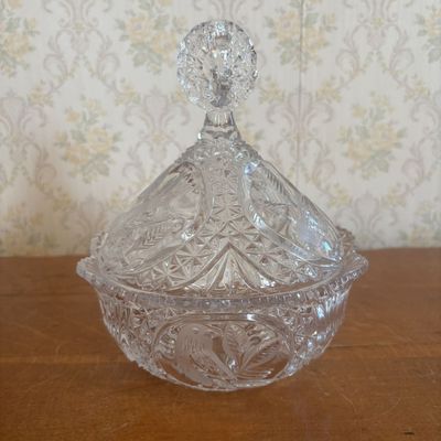 Sale Photo Thumbnail #293: Large Cut Crystal Lidded Candy Dish with Bird Medallions
