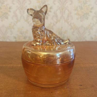 Marigold Carnival Glass Scottish Terrier Lidded Powder Jar