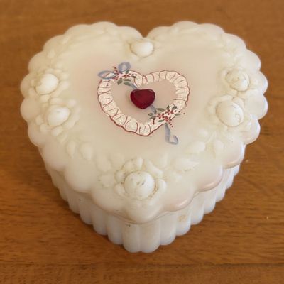 Fenton Hand Painted Satin Milk Glass Heart Shaped Covered Trinket Box