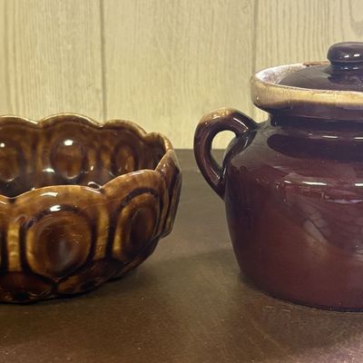 Sale Photo Thumbnail #707: Two American Brown Glazed Stoneware Pieces Including a McCoy Lidded Bean Pot