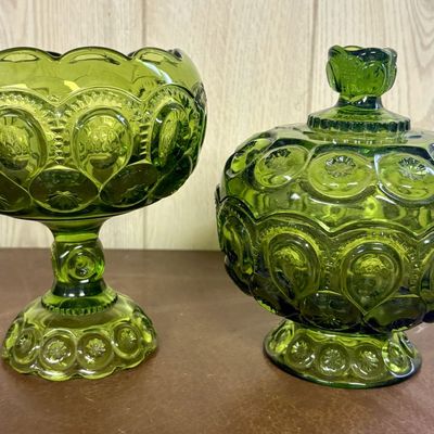 Sale Photo Thumbnail #679: A Pair of Emerald Green Moon and Star Pattern Pressed Glass Pedestal Dishes