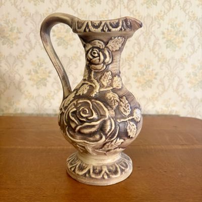 Molded Relief Ceramic Ewer with Rose Motif and Wood-Wash Glaze