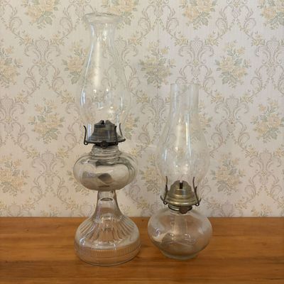 Sale Photo Thumbnail #623: Two Antique Clear Glass Kerosene Oil Lamps