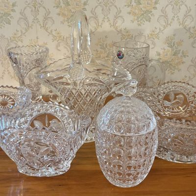 Sale Photo Thumbnail #575: An Assortment of Bird Themed Pressed Glassware with Diamond Point and Floral Motifs