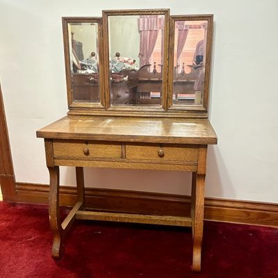 Sale Photo Thumbnail #633: Antique Quartersawn Tiger Oak Vanity with Tri-Fold Beveled Mirror