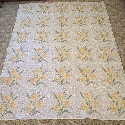 Sale Photo Thumbnail #507: Large Hand Embroidered Cross Stitch Floral Quilt