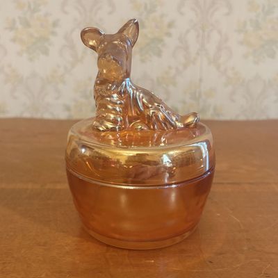 Sale Photo Thumbnail #101: Two Piece Marigold Carnival Glass Covered Powder Jar with Scottie Dog Finial