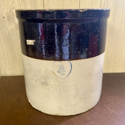 Sale Photo Thumbnail #728: Antique Two Tone Stoneware Four Gallon Storage Crock with Cobalt Heart Mark