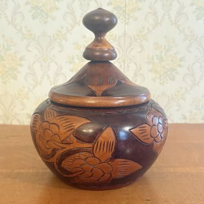 Sale Photo Thumbnail #137: Hand-Carved Two-Tone Floral Hardwood Bulbous Lidded Jar