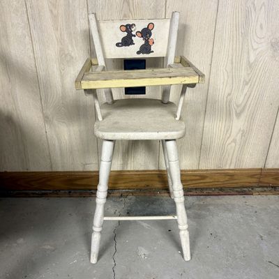 Sale Photo Thumbnail #668: Vintage Wooden Doll High Chair with Cartoon Mouse Decal
