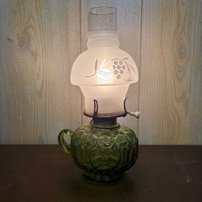 Sale Photo Thumbnail #686: Electrified Green Pressed Glass Moon and Star Pattern Accent Lamp