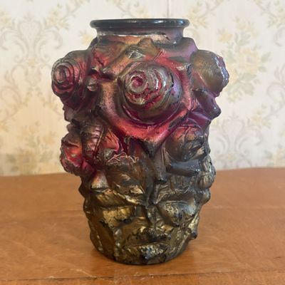 Sale Photo Thumbnail #276: Antique Goofus Glass Rose Motif Vase with Cold Painted Decoration