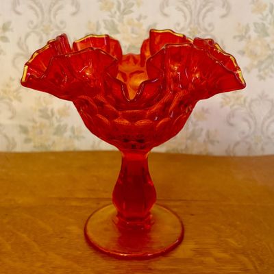 Vintage Amberina Glass Ruffled Thumbprint Pedestal Compote