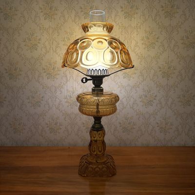 Sale Photo Thumbnail #315: Amber Pressed Glass Moon and Stars Pattern Table Lamp