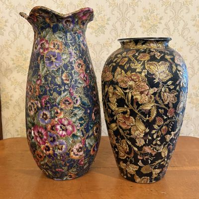 A Pair of Decoupage Floral Vases with Gold Glitter Accents