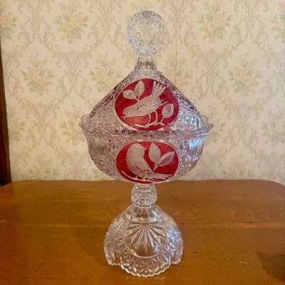 Sale Photo Thumbnail #106: Two Piece Lead Crystal Covered Compote with Ruby Stained Bird Medallions