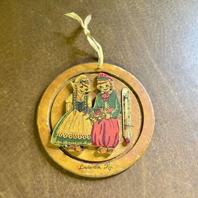 Sale Photo Thumbnail #731: Mid-20th Century Wood Souvenir Thermometer Plaque with Dutch Folk Art Figures