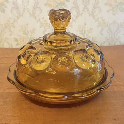 Three Piece Amber Pressed Glass Covered Butter Dish in Moon and Star Pattern