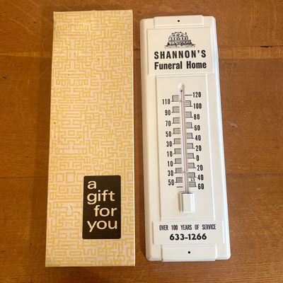 Sale Photo Thumbnail #252: Shannon's Funeral Home Vintage Advertising Metal Wall Thermometer with Original Box