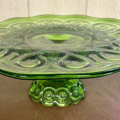Sale Photo Thumbnail #684: Pressed Emerald Green Glass Pedestal Cake Stand in Moon and Star Pattern