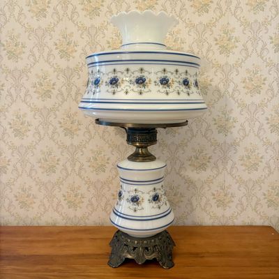 Sale Photo Thumbnail #337: Vintage Floral Milk Glass Hurricane Style Electric Table Lamp