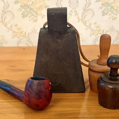 Sale Photo Thumbnail #592: Vtg Collection w/ Briar Tobacco Pipe, Pair Wooden Butter Molds & Hand Forged Metal Cowbell