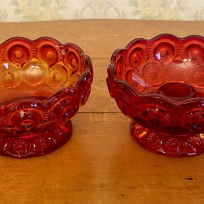 A Pair of Amberina Glass Moon and Star Pattern Table Articles