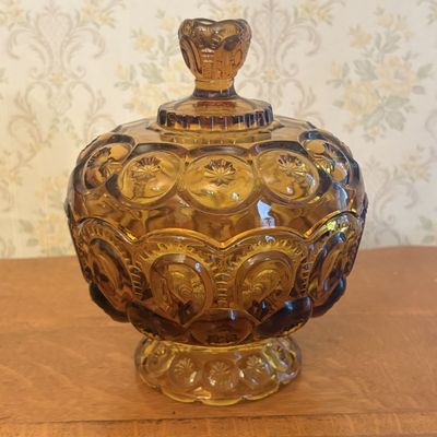 Vintage Amber Moon and Star Pattern Pressed Glass Pedestal Candy Dish with Lid