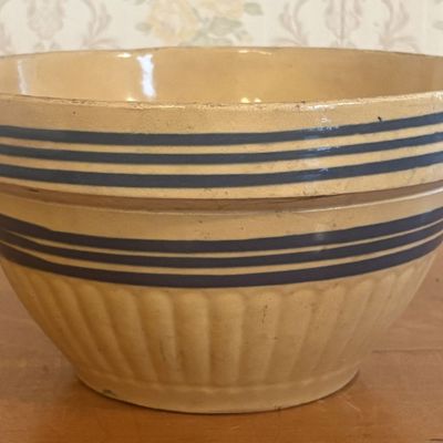 Sale Photo Thumbnail #129: American Banded and Fluted Yellowware Mixing Bowl with Cobalt Blue Stripes