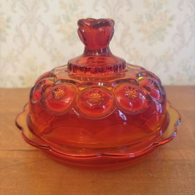 Amberina Moon and Star Glass Covered Butter Dish