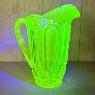 Sale Photo Thumbnail #755: L. G. Wright Moon and Star Pattern Uranium Vaseline Glass Pitcher