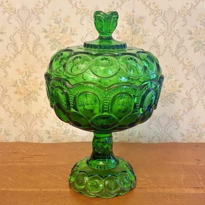 Emerald Green Moon and Star Pattern Pressed Glass Pedestal Compote with Lid