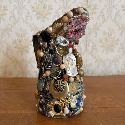 Sale Photo Thumbnail #270: American Folk Art Memory Jug Featuring Costume Jewelry and Found Objects