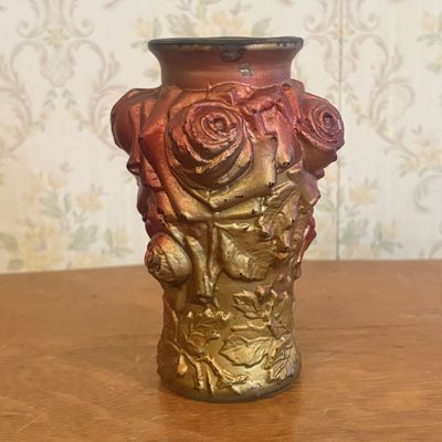 Sale Photo Thumbnail #278: Antique Molded Goofus Glass Rose Motif Cabinet Vase