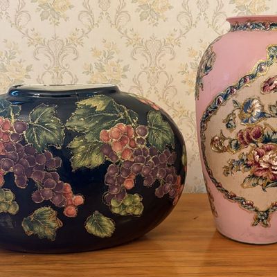 Sale Photo Thumbnail #515: Two Earthenware Vases with Raised Textured Floral and Grape Decoration