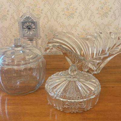 Sale Photo Thumbnail #451: An Assortment of Decorative Glassware and a Crystal Legends Mantle Clock